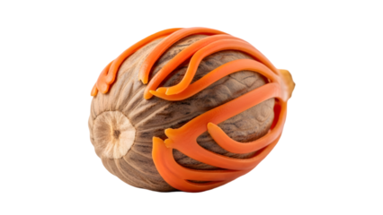 Vibrant orange sculpture wrapped around a natural stone or rock formation on a black background