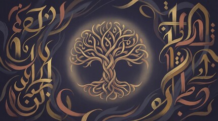 Golden tree of life with Arabic calligraphy isolated on white background