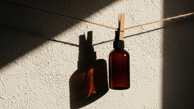 Amber glass spray bottle hanging with clothespin on string in warm sunlight dramatic shadows natural beauty
