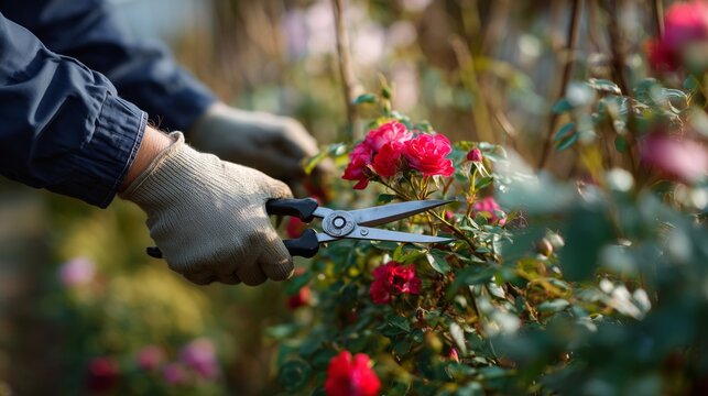Pruning rose bush by hand represents seasonal garden maintenance routine, focused plant care action maintaining shape and health in tidy garden space