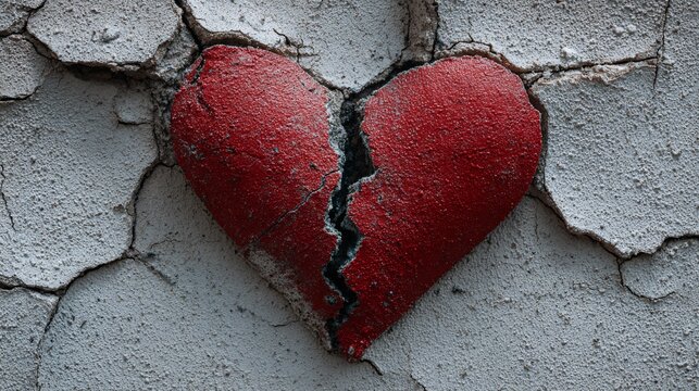 Broken Red Heart Painted on Cracked Concrete Wall with Texture