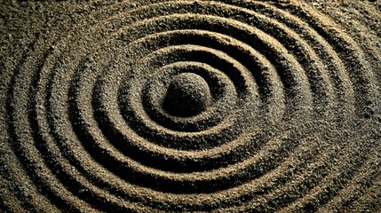Zen garden stone surrounded by concentric sand ripples in peaceful minimalistic design