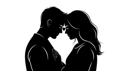 Romantic couple silhouette with foreheads touching and a heart symbol above
