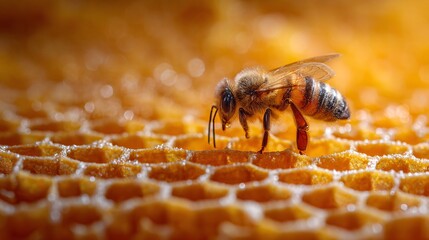Close-up of honeybee collecting nectar on golden honeycomb cells under natural light