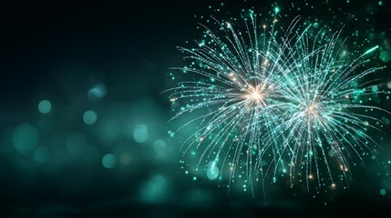 Fototapeta premium Vivid teal and white fireworks illuminate night sky, symbolizing celebration, holidays, and festive events in modern urban culture
