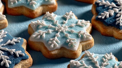 Snowflake-shaped Christmas cookies with white and blue icing on powdered sugar-dusted blue background evoke winter holiday celebrations and seasonal baking traditions