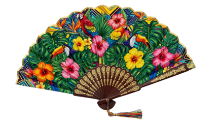 Exotic tropical fan with parrots, toucans, hibiscus flowers, and palm leaves