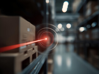 A laser beam targets a package in a modern warehouse, illustrating advanced technology in logistics and inventory management for efficient operations.