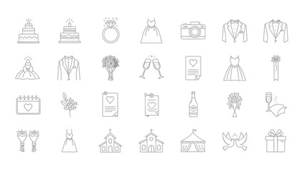 Collection of black line wedding icons including dresses suits cakes gifts and symbols with illustration and engagement and ring and champagne