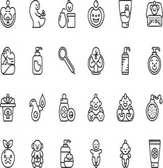 Baby care line icons set featuring infant hygiene products bath lotions thermometers feeding accessories and newborn wellness symbols.