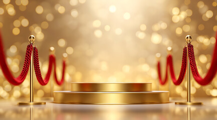 A luxurious golden podium surrounded by red velvet ropes, perfect for awards ceremonies, events, or celebrations, radiating elegance and prestige.