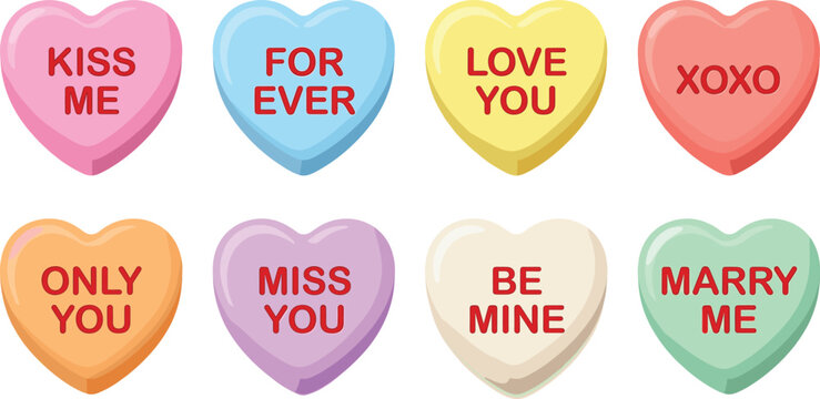 Valentine candy hearts collection, romantic love messages typography, colorful sweet heart shapes illustration isolated white background