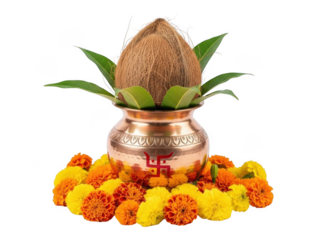 Coconut on copper pot with flowers, isolated on transparent background
