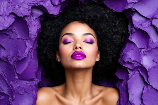 A woman with purple makeup and purple lipstick in a hole in a purple wall