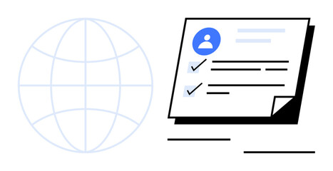 Document with user icon, checklist, and text beside a subtle global grid. Ideal for networking, communication, identity, tasks, recruitment global outreach efficient workflows. Simple flat metaphor