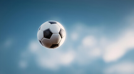 Fototapeta premium A dynamic shot of a soccer ball soaring through the air against a clear sky, embodying the spirit of sportsmanship and athleticism.