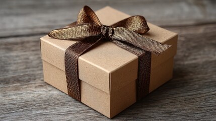 Brown gift box with dark ribbon on rustic wooden surface in soft natural light