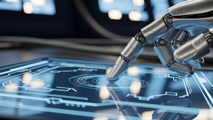 Close-up of a robotic finger touching a glowing blue digital glass screen with circuit patterns. Concept of human-robot interaction and smart tech.