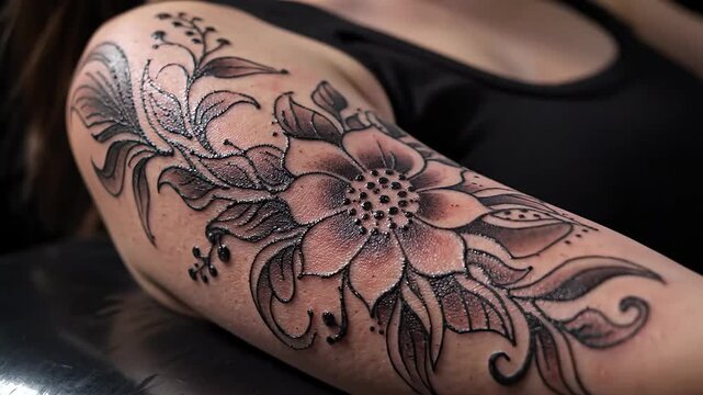 Close Up Floral Tattoo On Forearm Body Art.