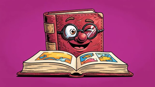 Animated Cartoon Book Character with Glasses Reading a Story.