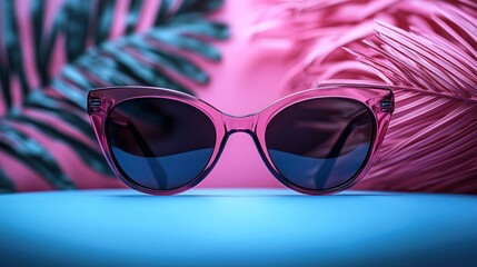 Pink sunglasses on blue surface, tropical leaves background, summer fashion, product shot