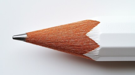 Close-up of sharpened white pencil point on white background; stationery detail, education concept