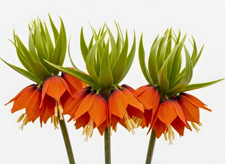 Vibrant orange flowers with green leaves isolated on white background