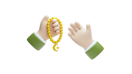 3D Cartoon Hands with Islamic Prayer Beads and Crescent Moon