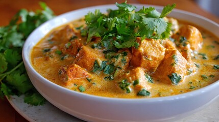 Creamy Indian Paneer Curry Garnished with Fresh Cilantro in White Bowl