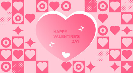 Pink Valentines Day banner with happy Valentines Day text and geometric shapes pattern. Love banner for greeting card or social media post.