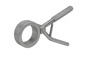 Metal medical clamp holding ring on transparent background