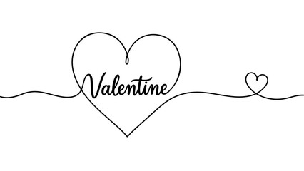 Happy Valentine's Day continuous line art drawing of a big heart with the word Valentine inside and a small heart at the end of the line