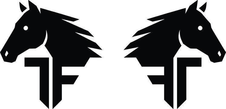 Horse head logo set featuring stylized TF monogram in mirror image for modern athletic equestrian and professional branding.