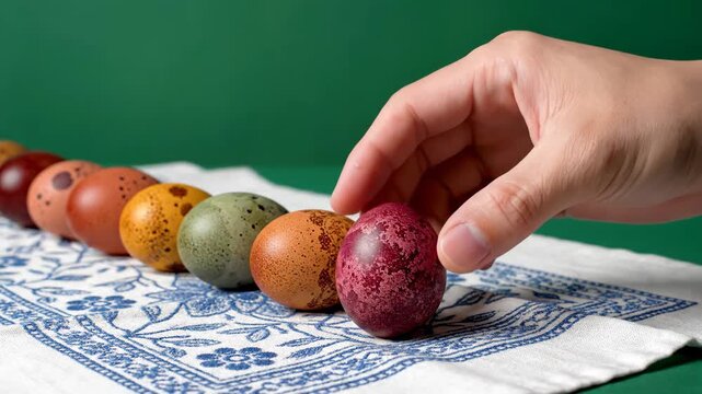 Hand Placing a Vibrant Purple Easter Egg Among a Row of Naturally Dyed Eggs on a Decorative Cloth.