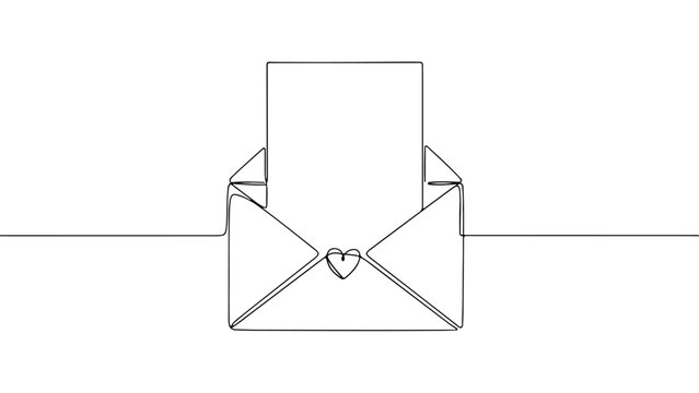Seamless single continuous line art depicting an open envelope with a heart on Valentines day