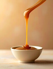 Golden Caramel Dripping into White Bowl Against a Warm Toned Background