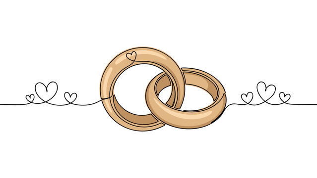 Intertwined wedding rings symbolizing eternal love, connected by delicate heart-shaped strings, representing union and commitment