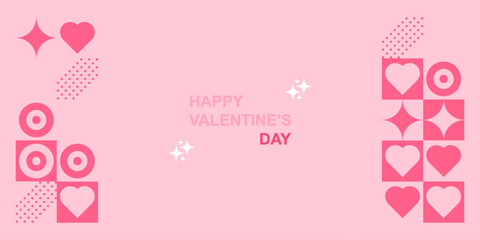 Pink Valentines Day banner with happy Valentines Day text and geometric shapes pattern. Love banner for greeting card or social media post.