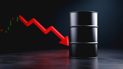 Black Crude Oil Container with Red Arrow Down Symbolizing Economic Impact of Falling Energy Prices
