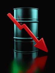 Abstract Depiction of Petroleum Barrel with Red Descending Graph Indicating Oil Price Volatility and Drop