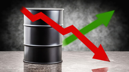 Falling Red Arrow Beside Black Oil Drum Representing Global Decline in Fuel and Gasoline Prices