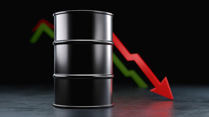 Conceptual Illustration of Crude Oil Barrel with Downward Red Trend Line Showing Price Depreciation