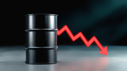 Black Metal Oil Drum with Declining Red Graph Symbolizing Falling Fuel and Gasoline Prices