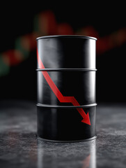 Crude Oil Barrel Accompanied by Red Arrow Pointing Down Indicating Significant Price Reduction
