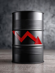 Symbolic Black Petroleum Barrel and Falling Red Line Depicting Decline in Global Oil Market Prices