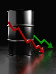 Red Downward Arrow Next to Crude Oil Barrel Illustrating Sharp Drop in Petroleum and Gasoline Prices