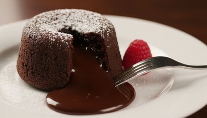 Decadent Molten Chocolate Lava Cake Oozing Rich Sauce, Dusted with Sugar, Served with a Fork and Fresh Raspberry