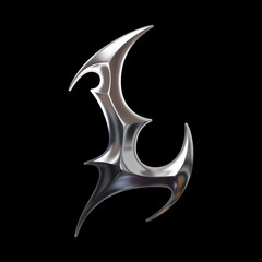 3D chrome letter L with sharp tribal geometry, futuristic cybersigilism