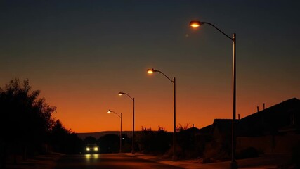 Medium shot capturing timed street lights turning on at sunset along a quiet suburban street highlighting automated scheduling features for energy saving.
