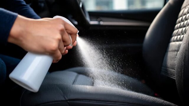 294Ultra-detailed close-up of hands applying a dry leather cleaning spray onto smooth black car seat material, mist particles frozen in air, precision care concept with modern interio
